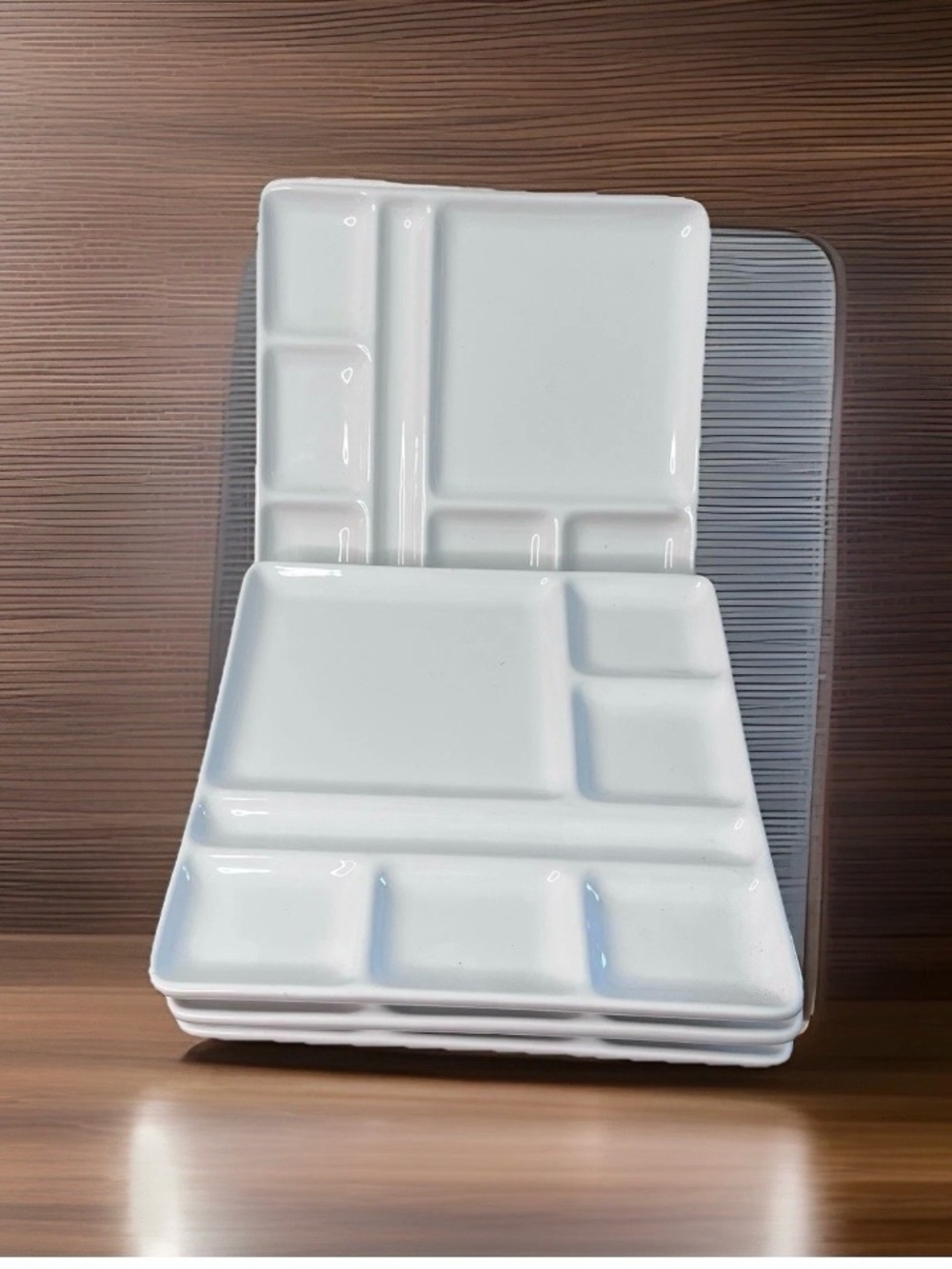Crate and Barrel set of 4 white 9” square fondue plates  sushi bento plates